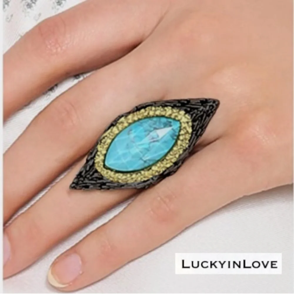 ALEXIS BITTAR Black Gunmetal Gold Doublet Turquoise Stone Maldivian Feather Ring